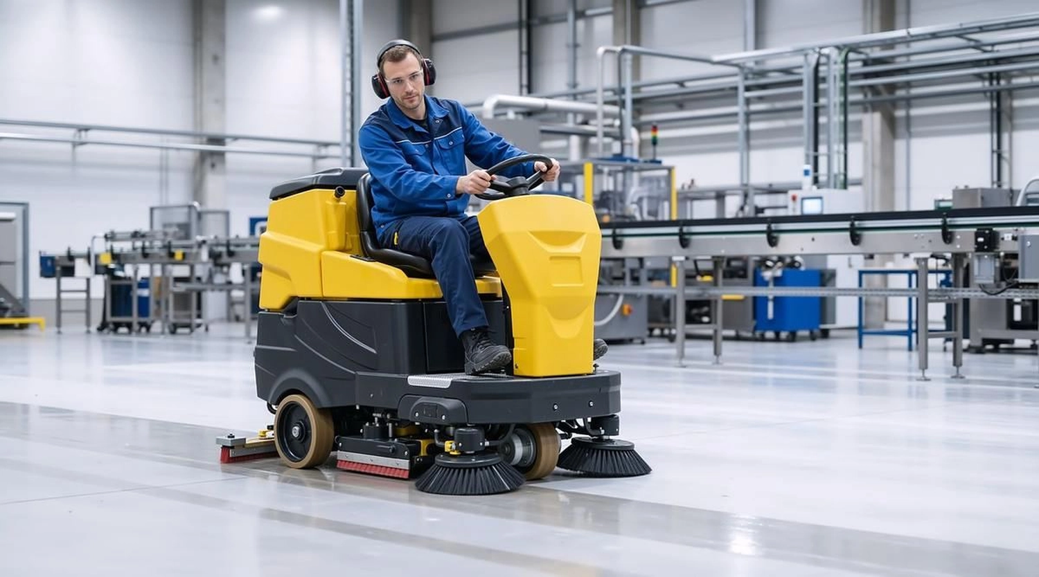 Break Facility Service - Ein Arbeiter fährt in einer Fabrik eine gelb-schwarze Aufsitz-Scheuersaugmaschine.
