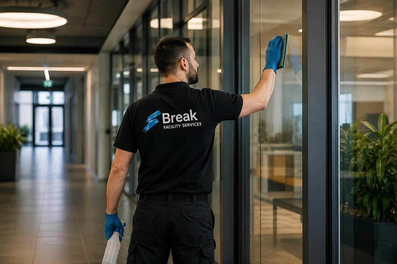 Break Facility Service - Ein Mitarbeiter in schwarzer Arbeitskleidung der Firma „Break Facility Services“ reinigt ein Glasfenster in der Lobby eines modernen Gebäudes.