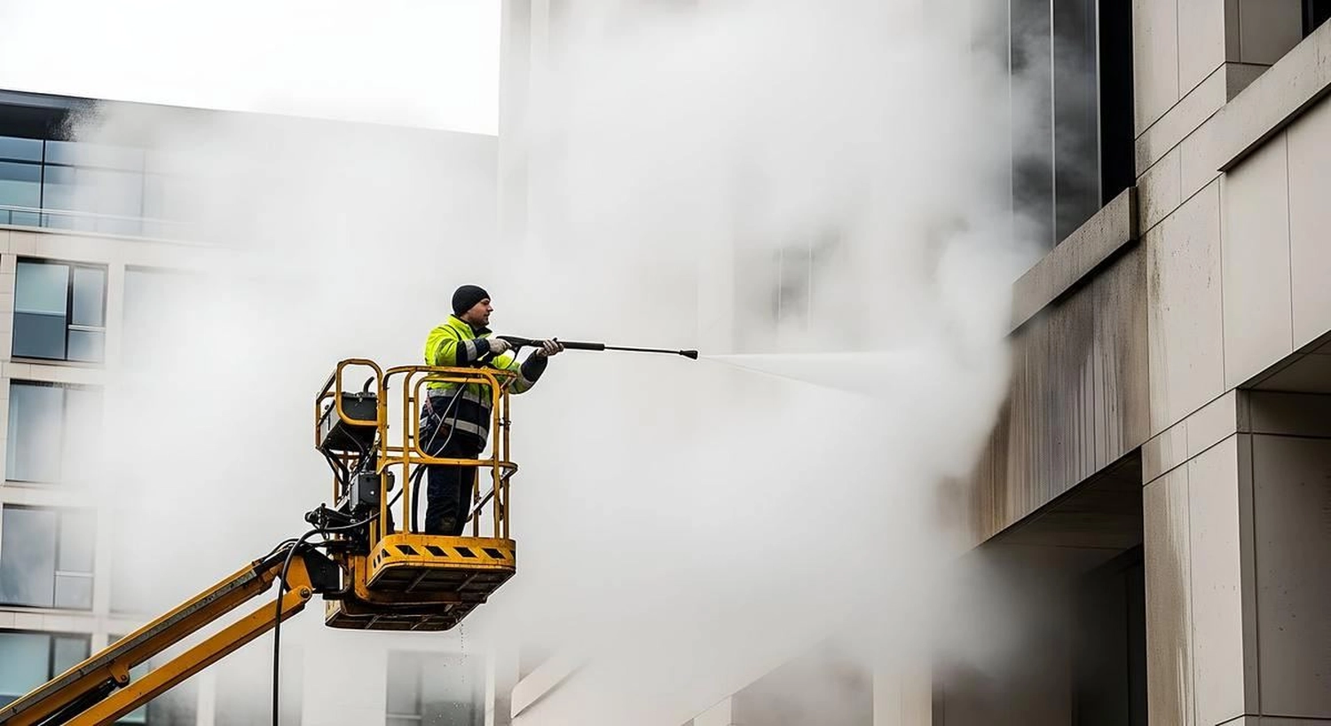 Break Facility Service - Ein Arbeiter reinigt mit einem Hochdruckreiniger von einer Hubarbeitsbühne aus eine Gebäudefassade.