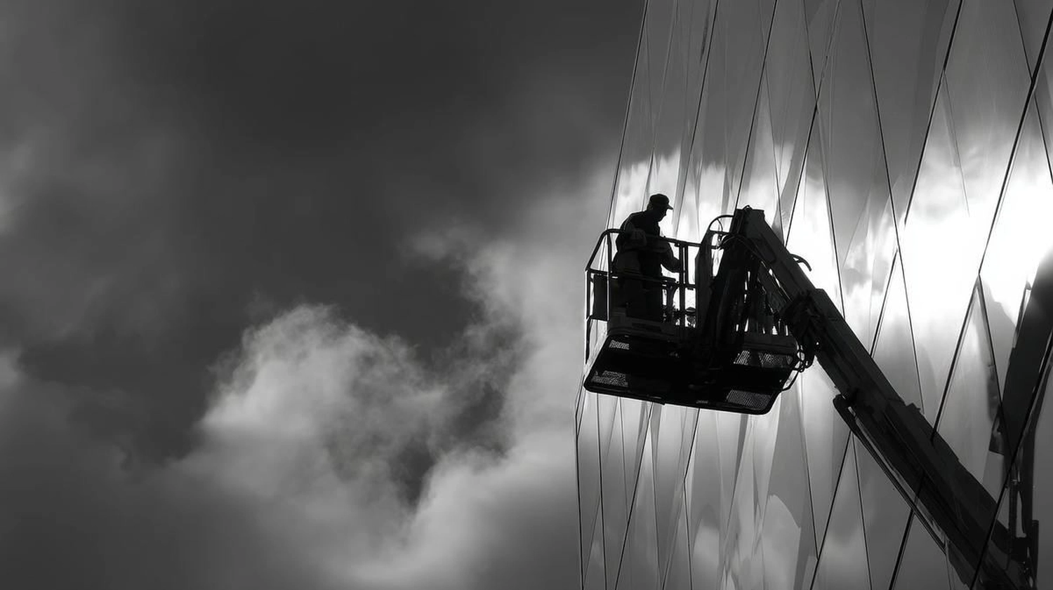 Break Facility Service - Ein Arbeiter reinigt in einer Hubarbeitsbühne die Glasfassade eines Hochhauses.