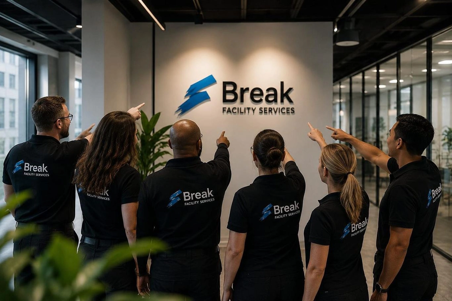 Break Facility Service - Sechs Mitarbeiter in schwarzen Poloshirts stehen in der Lobby eines Bürogebäudes. Sie blicken mit dem Rücken zur Kamera auf das Firmenlogo an der Wand: „Break Facility Services“.