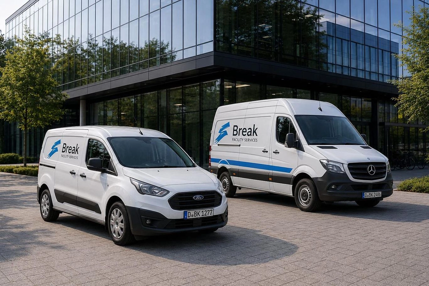 Break Facility Service - Zwei weiße Lieferwagen mit „Break“-Logo parken vor einem modernen Glasgebäude.