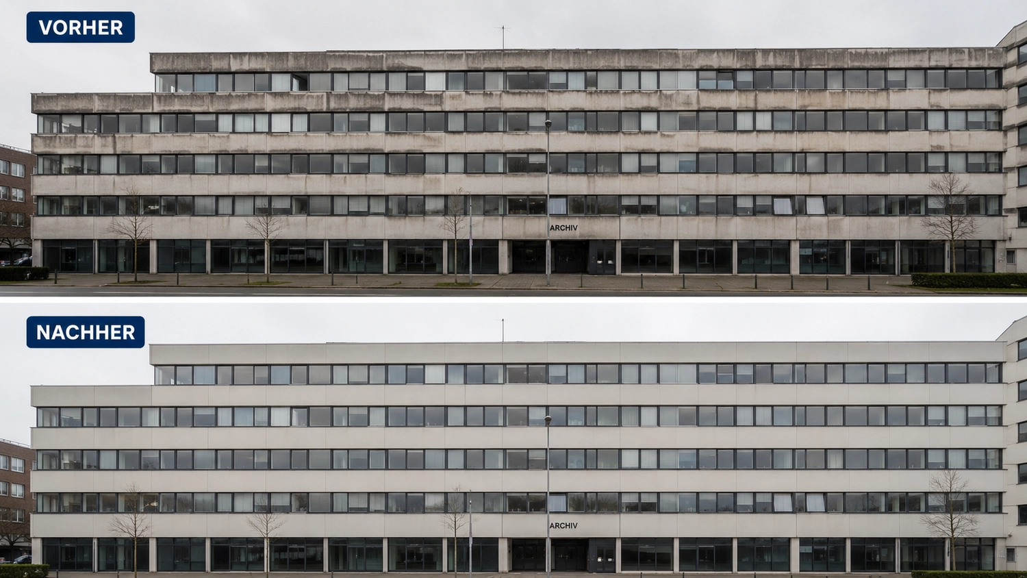Break Facility Service - Vorher-Nachher-Vergleich professioneller Reinigungsdienste: Fassadenreinigung an einem Bürogebäude.