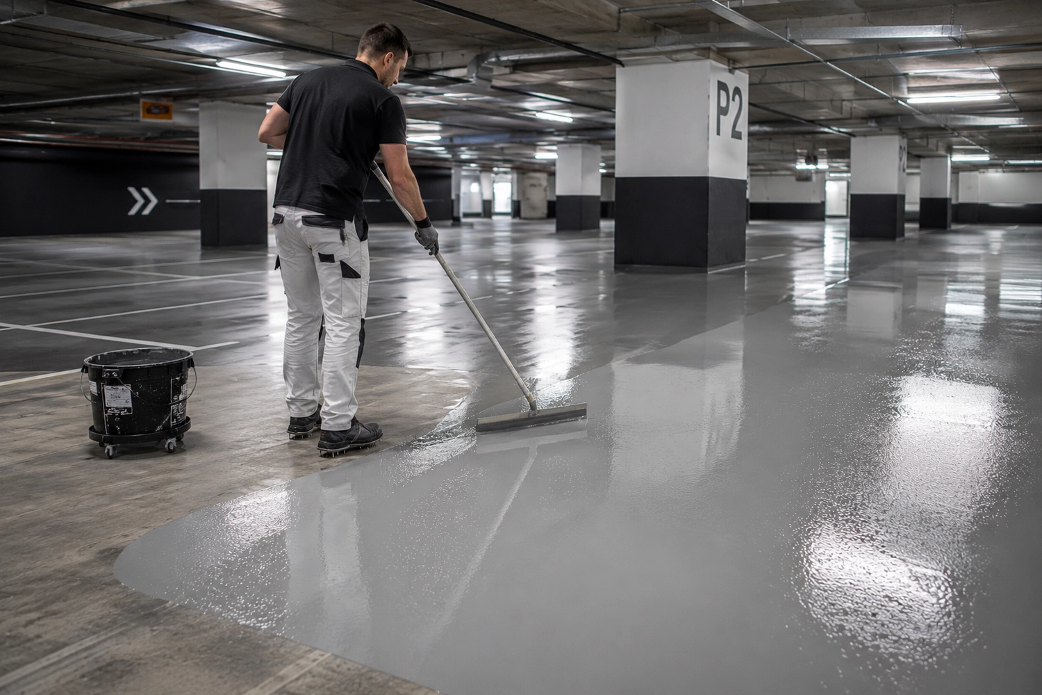 Break Facility Service - Ein Arbeiter trägt mit einer Farbrolle eine glänzende graue Beschichtung auf den Boden eines Parkhauses auf.