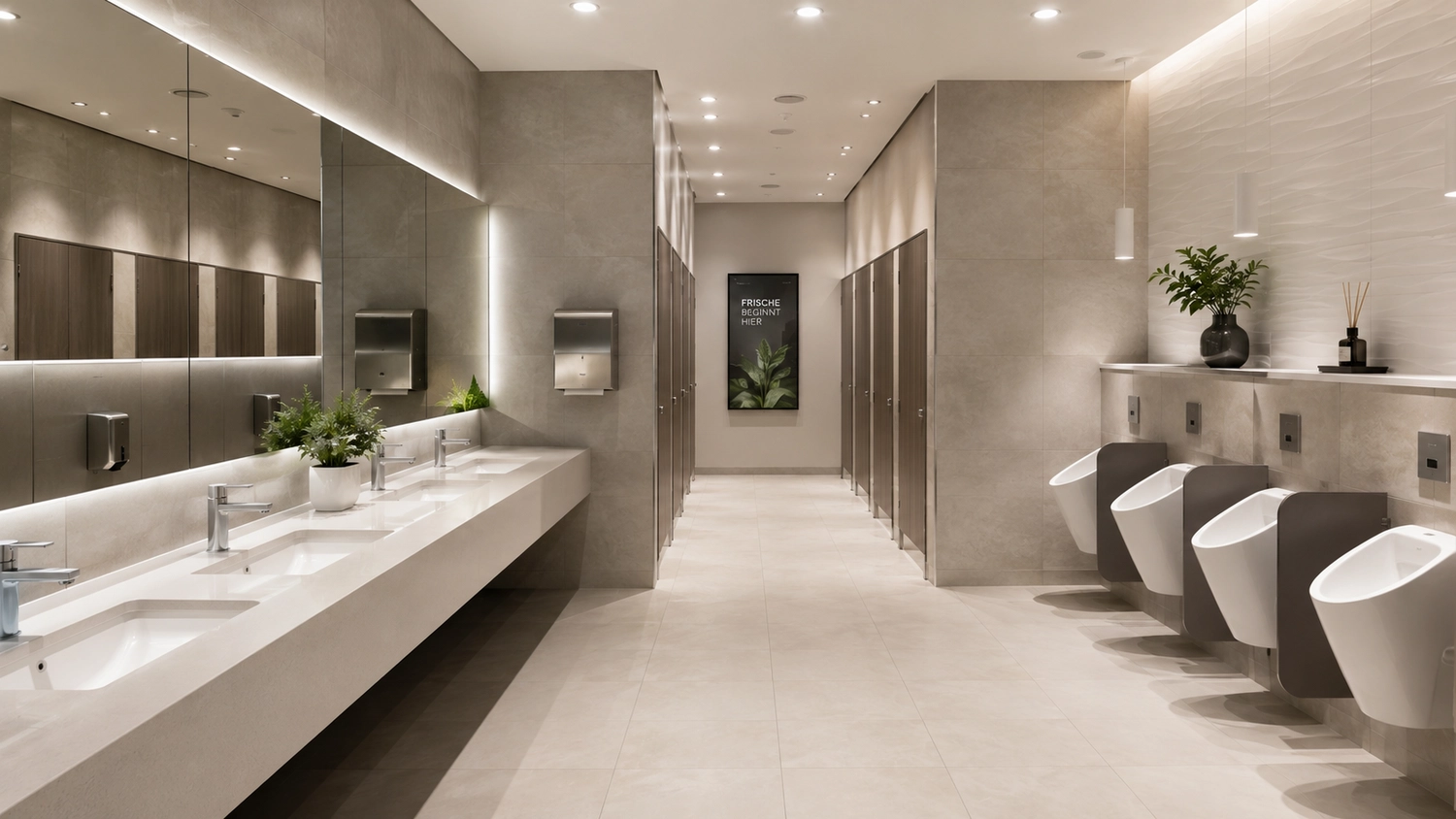 Break Facility Service - Eine moderne öffentliche Toilette mit Waschbecken links, Urinalen rechts und einem Gang mit Kabinen in der Mitte.