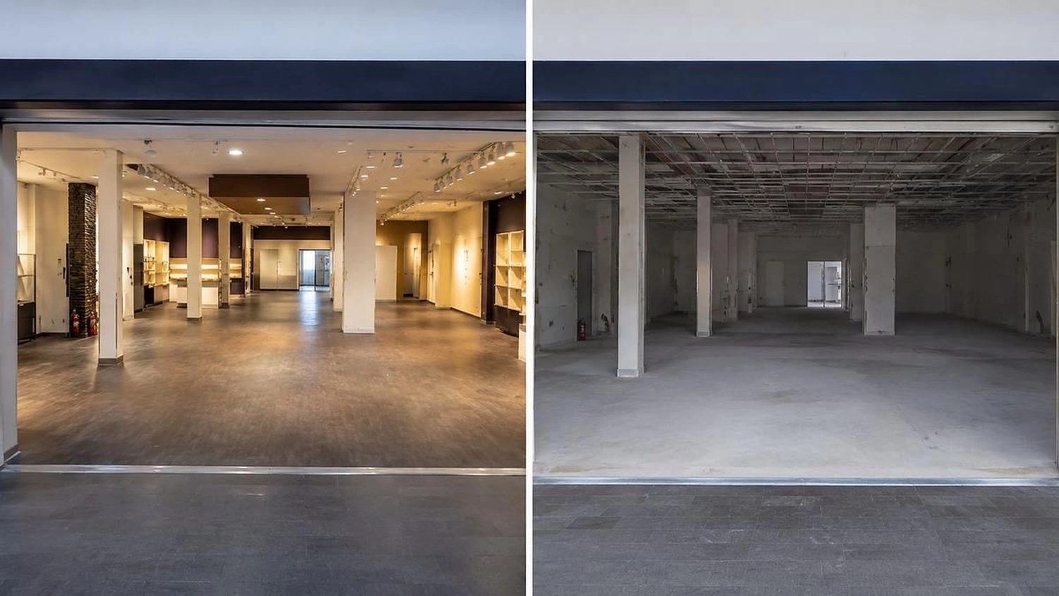 Break Facility Service - Ein direkter Vergleich eines Ladenlokals vor und nach der Entkernung: Links ist der fertige Innenraum mit Beleuchtung zu sehen, rechts der entkernte Betonrohbau.