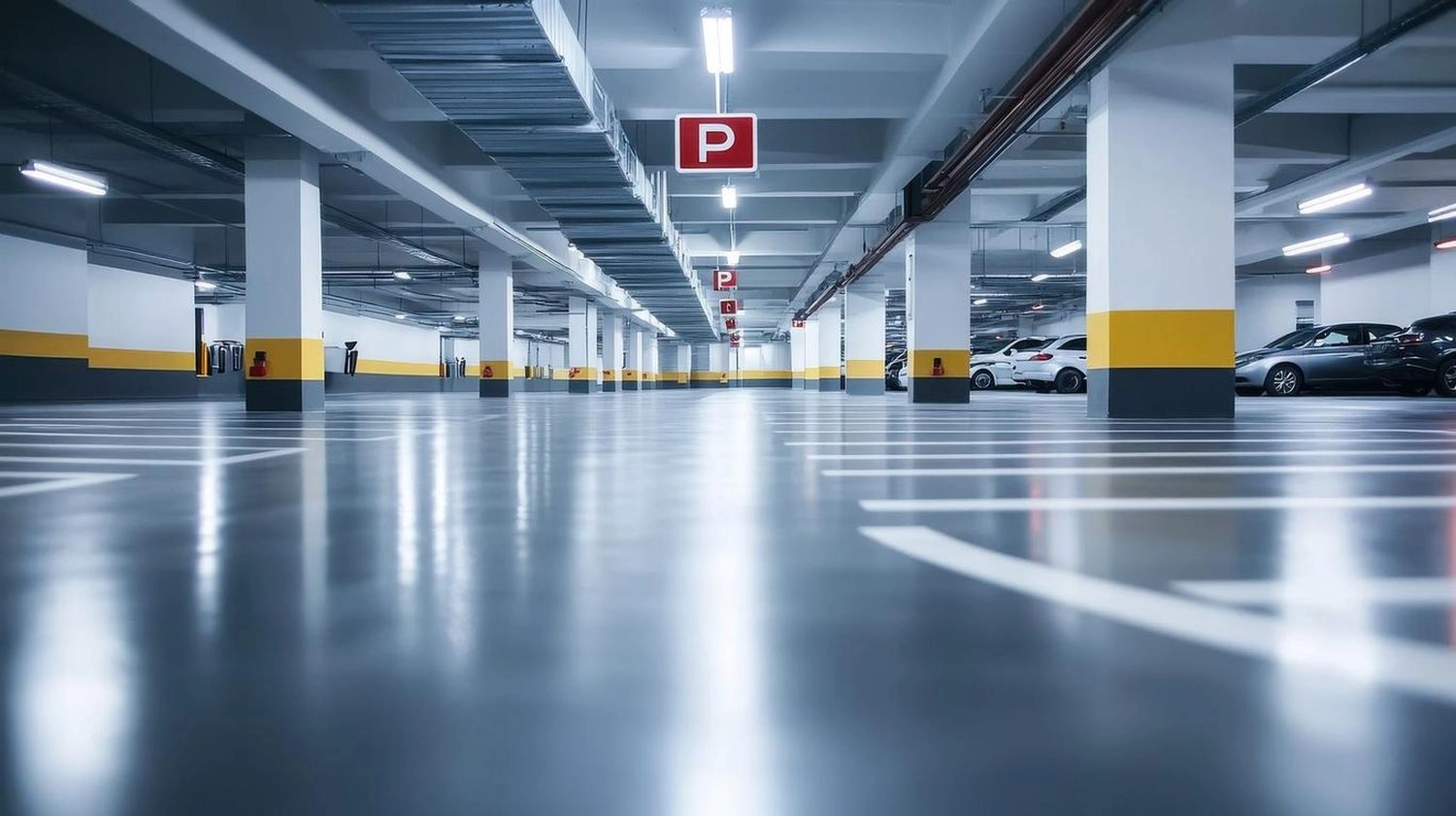 Break Facility Service - Eine leere Tiefgarage mit weißen Säulen, gelben Sicherheitsstreifen und roten Parkschildern.