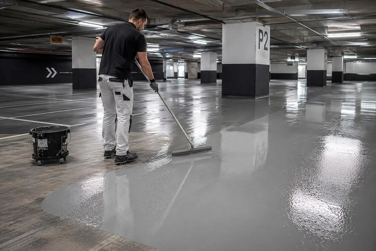 Break Facility Service - Ein Arbeiter trägt mit einer Farbrolle eine glänzende graue Beschichtung auf den Boden eines Parkhauses auf.