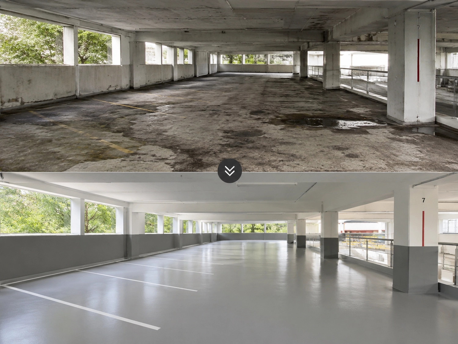 Break Facility Service - Vorher-Nachher-Vergleich einer Parkhaussanierung: Oben ein fleckiger, beschädigter Betonboden, unten ein glatter, neu beschichteter grauer Boden mit frischen weißen Parkplatzmarkierungen.